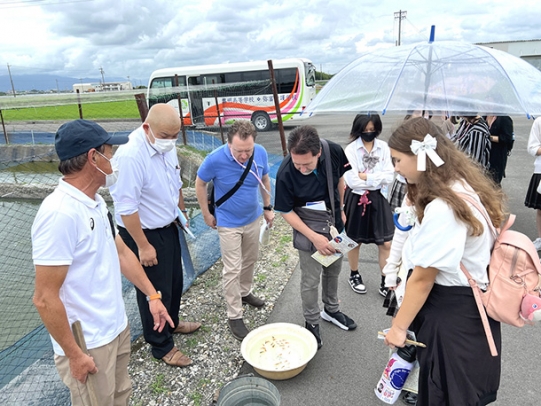 金魚の養殖池や稚魚を見る米国の高校生ら＝弥富市で