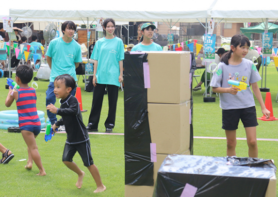 子どもたちを盛り上げるそろいの青いＴシャツを着た岐阜東高の生徒ら＝岐阜市金町で