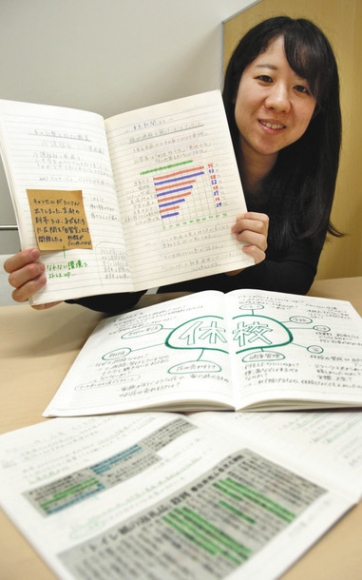 新聞記事などをまとめた生徒のノートを紹介する桜井さん＝千種区山添町の椙山女学園高で