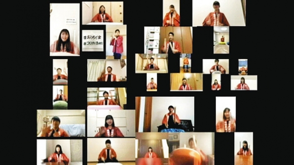 部員がそれぞれの自宅で撮影したものを合体させて作った映像の一部＝日本福祉大付属高提供