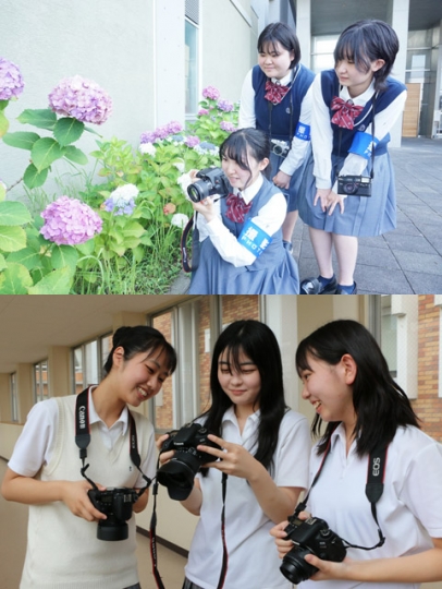 （上）大会に向け撮影を重ねる小川さん（手前）と山内さん（右奥）、岡本さん＝名東区の東邦高で（下）撮影した写真を確認する（右から）下畑さん、平野さん、藤田さん＝瑞穂区の名経大高蔵高で