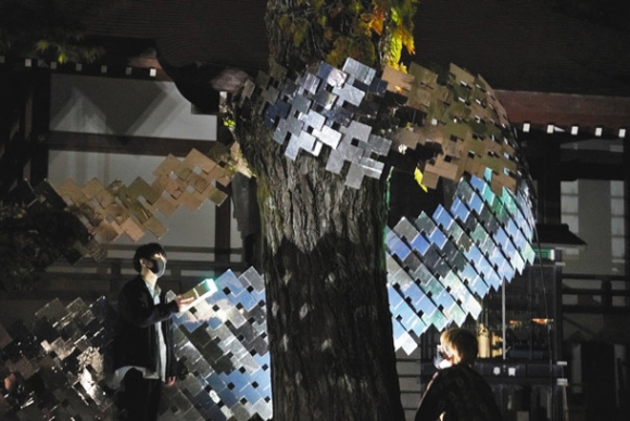 鏡がイチョウの木に巻き付くよう設置され、ライトの光を反射して輝いた＝半田市亀崎町の浄顕寺で