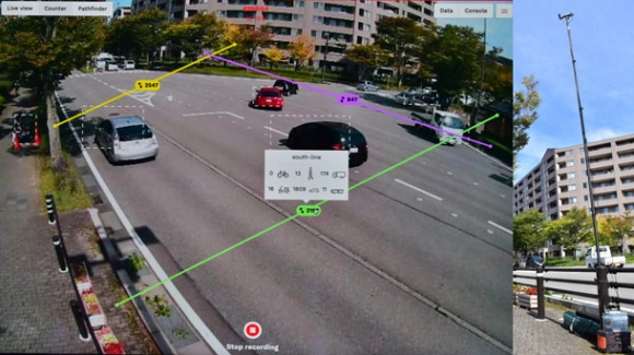 （右）交差点に設置された自動計測装置（左）ＡＩによる交通量計測を示した画面＝金沢市で