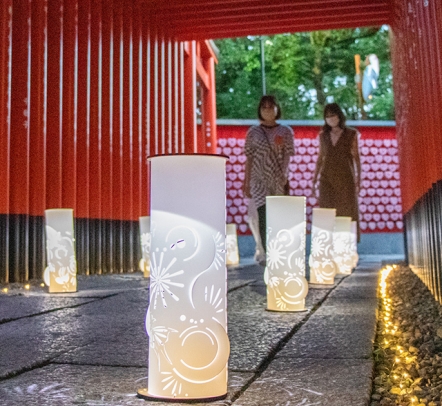鳥居のトンネルを照らすあんどん＝犬山市犬山の三光稲荷神社で